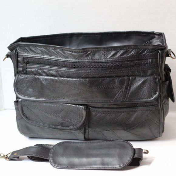 Vintage Black Leather Multi-Pocket Messenger Bag- Pre-owned - Picture 2 of 15